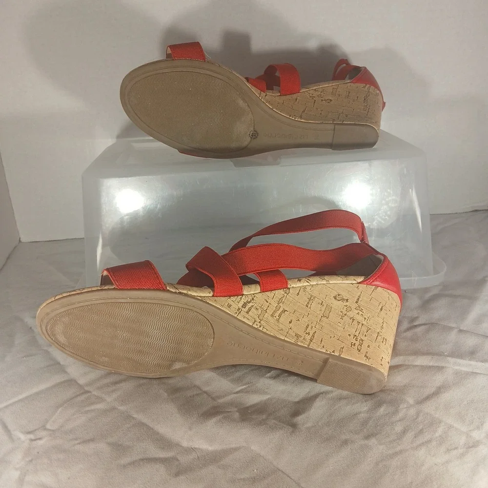 Liz Claiborne Womens Red Strappy Elastic Cork‎ Wedge Sandals Size 8M Back Zip